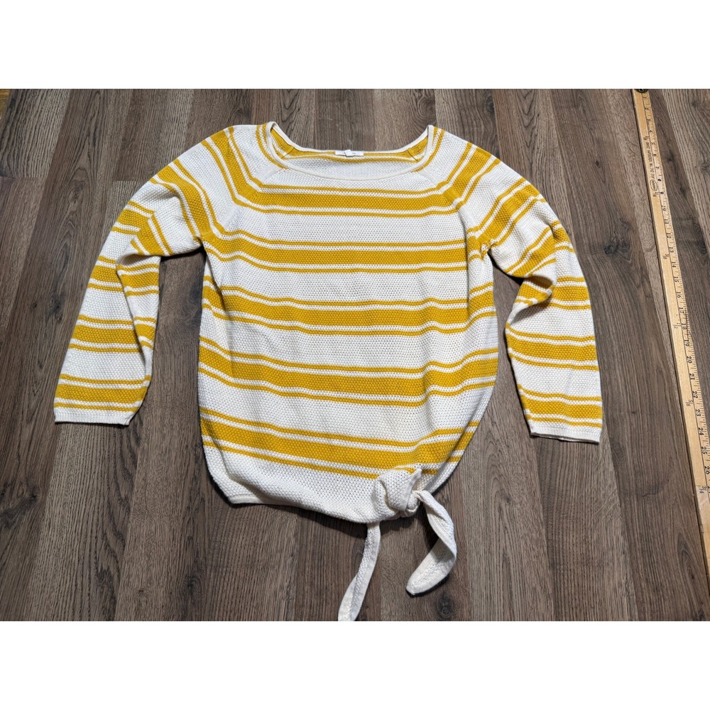 Maurices Sweater Womens Size L Yellow Striped Pullover Tie Front Raglan Cotton